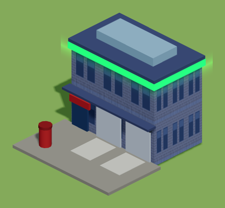 A postal depot: a sorting hall with two roller shutters onto a marked yard, a counter door and a postbox.