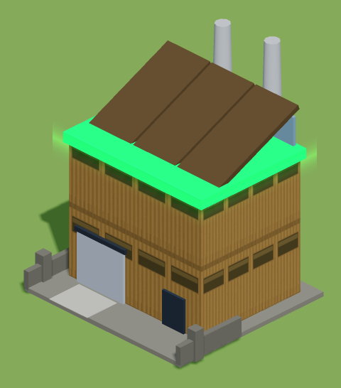 A factory with a sawtooth roof and smoke rising from two chimneys.