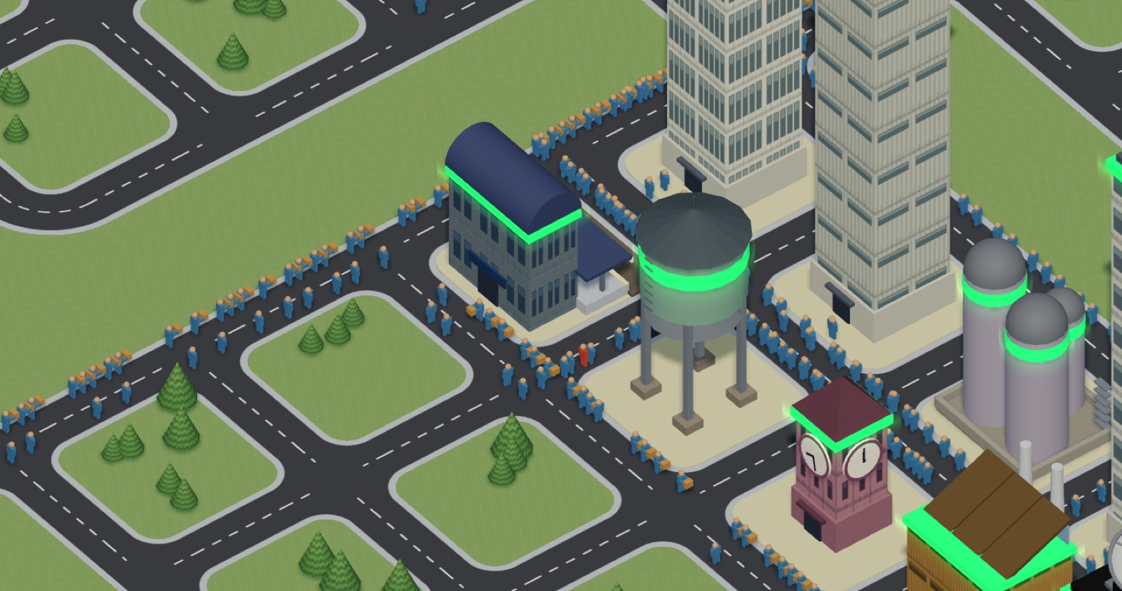 Street level in the town: a water tower, a railway station, a clock tower and storage tanks, with two lanes of small figures walking in opposite directions, some carrying crates.