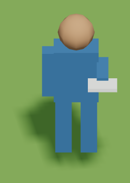 A small blue figure walking with one arm out, holding a white letter.